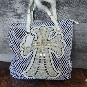 NWT Black And White Rhinestone Embellished Bling Cross Applique Tote Bag
